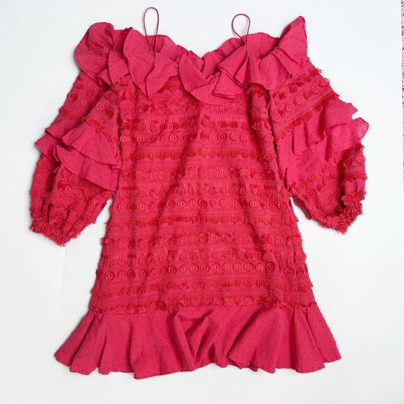 Alexis Calypso Ruffled Off Shoulder Rouge Coral Pink Embroidered Mini Dress XS - Picture 16 of 16